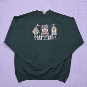 Fruit of the Loom Womens Dark Green Birdhouse Graphic Grandma Sweatshirt Size XL